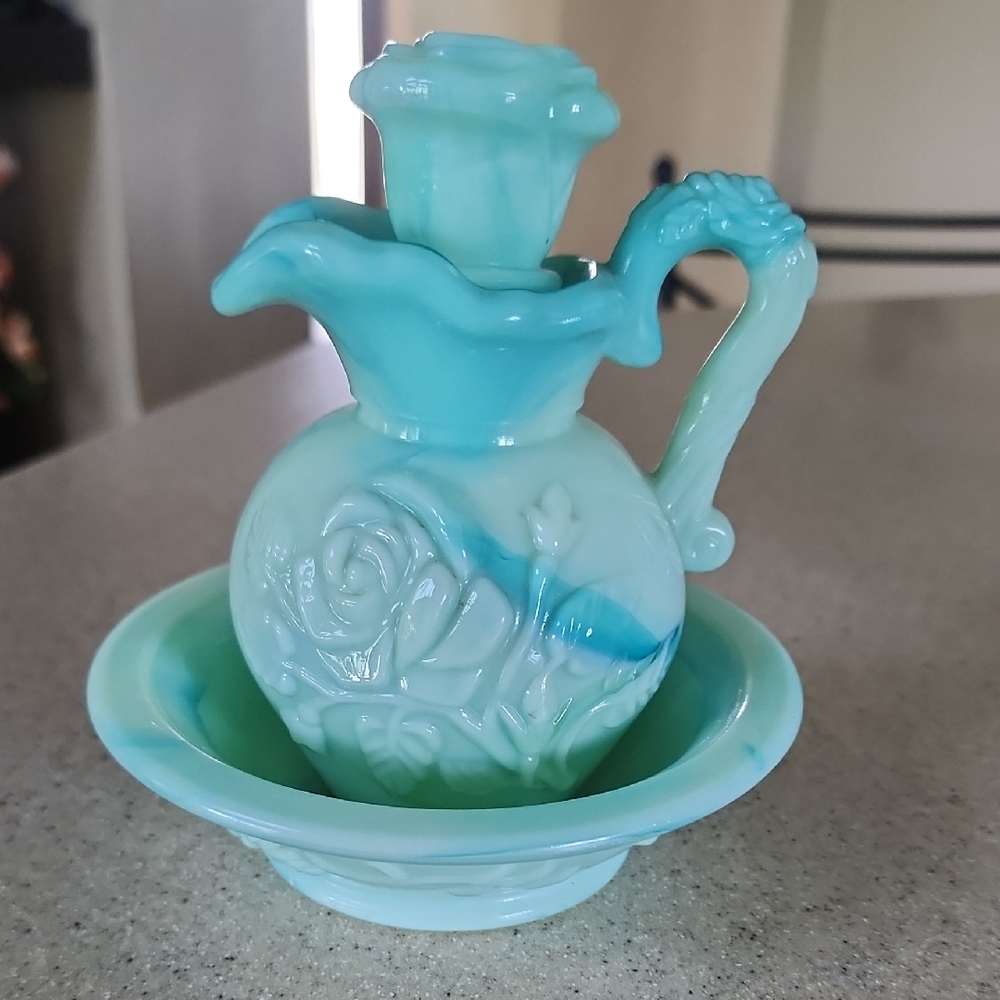 Turquoise Glass Vase with Floral Design
